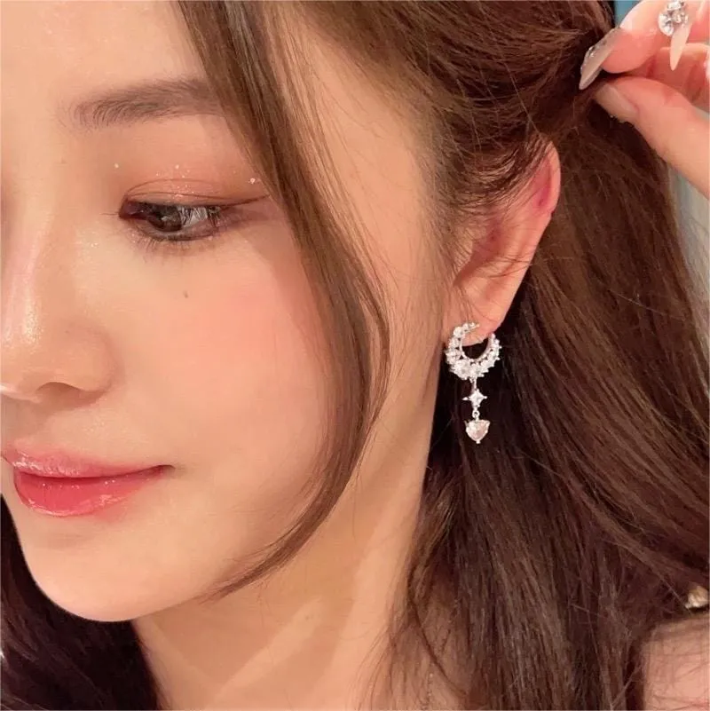 Chic Rhinestone Inlaid Moon Phase Star Heart Dangle Earrings