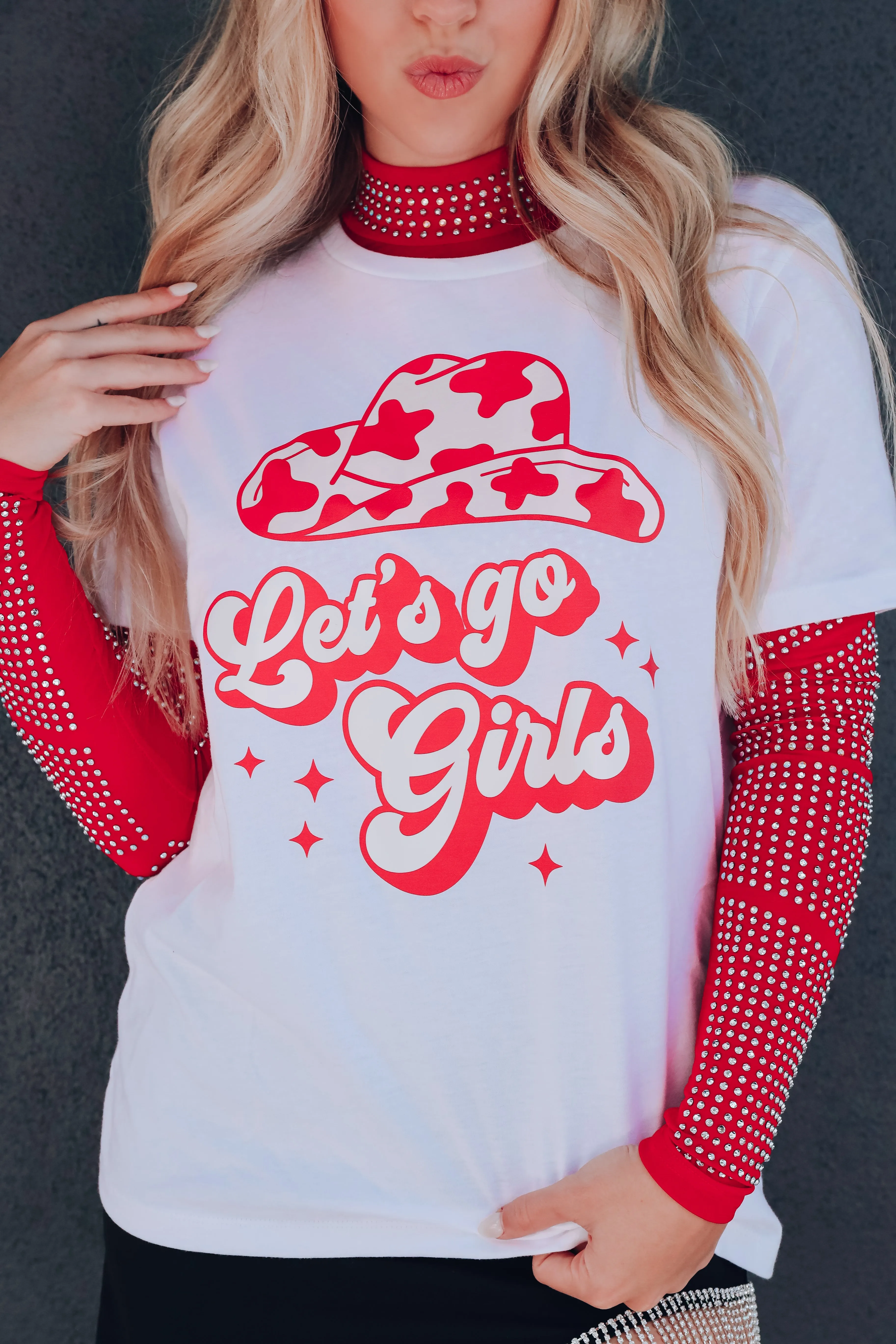 Cow Print "Let's Go Girls"  Graphic Tee - White