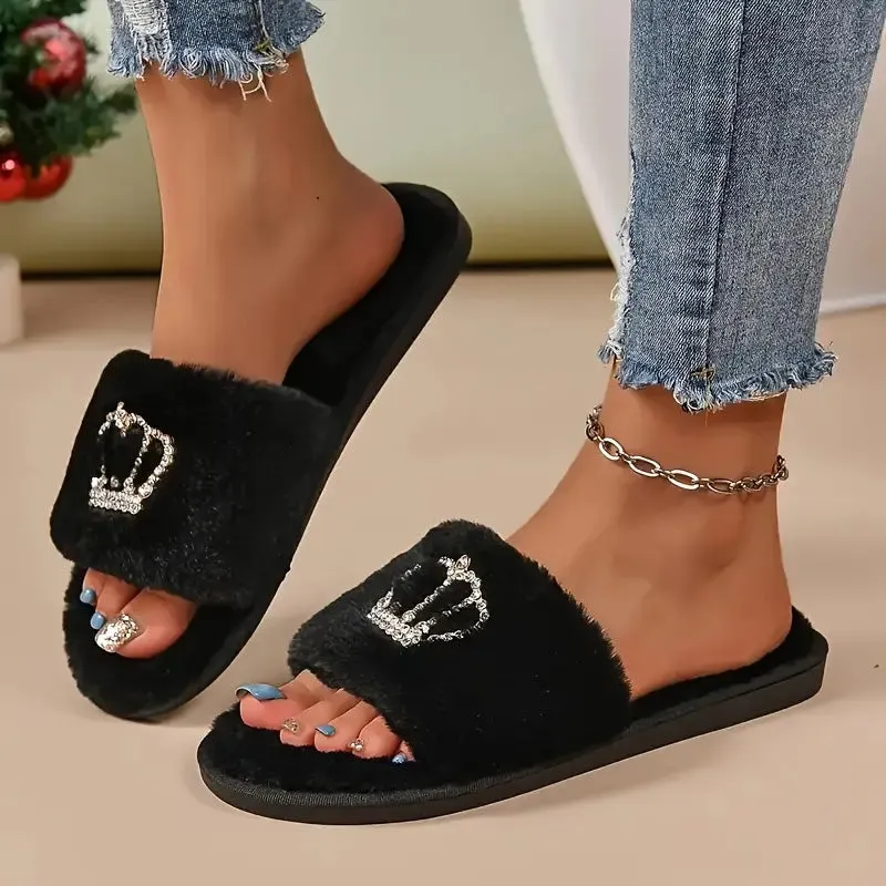Cozy Home Slippers with Rhinestone Crown
