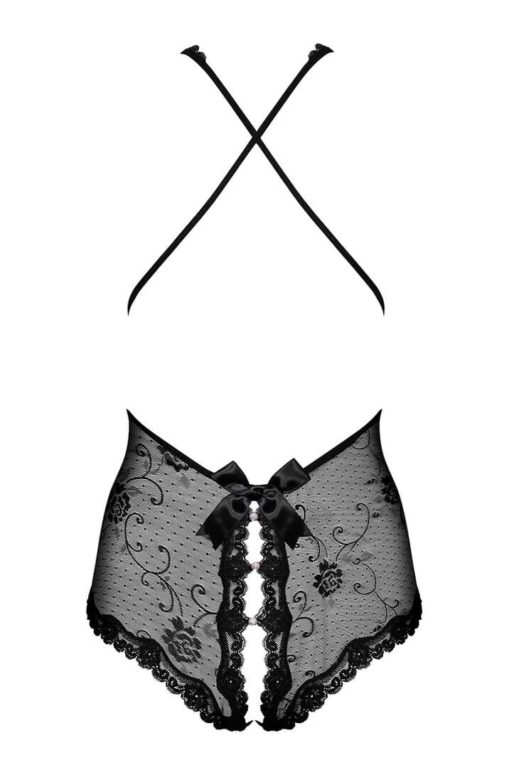 Crotchless lace bodysuit with pearls - Midnight Chic
