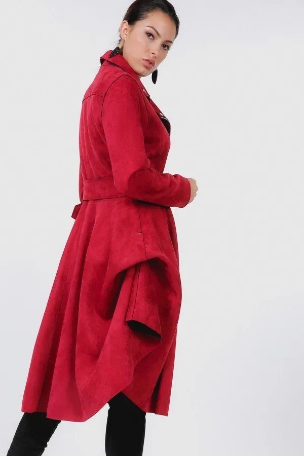 Faux Suede Coat with Waist Belt