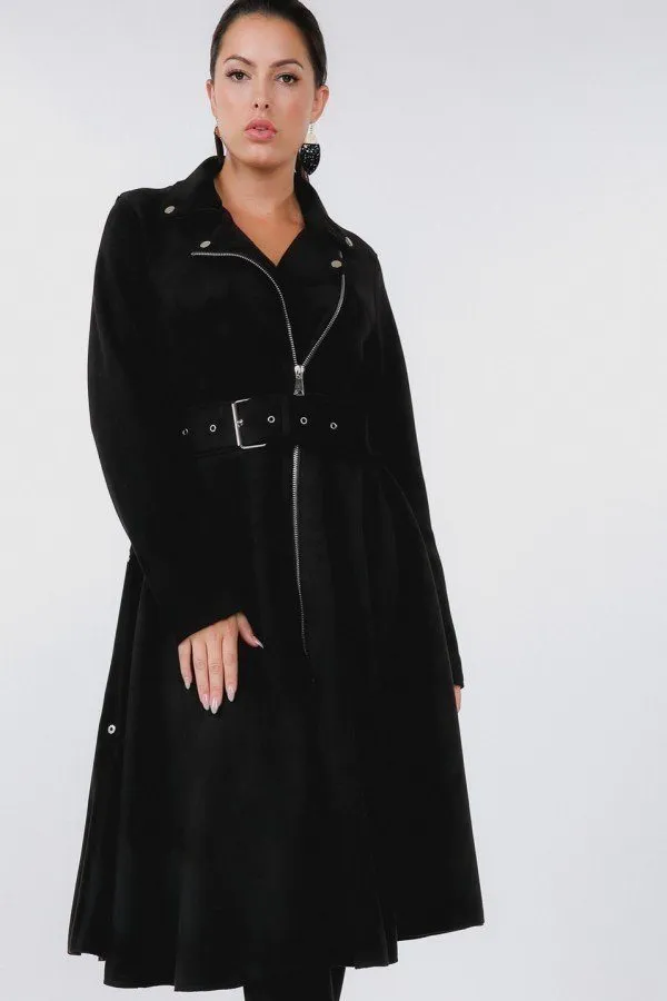 Faux Suede Coat with Waist Belt