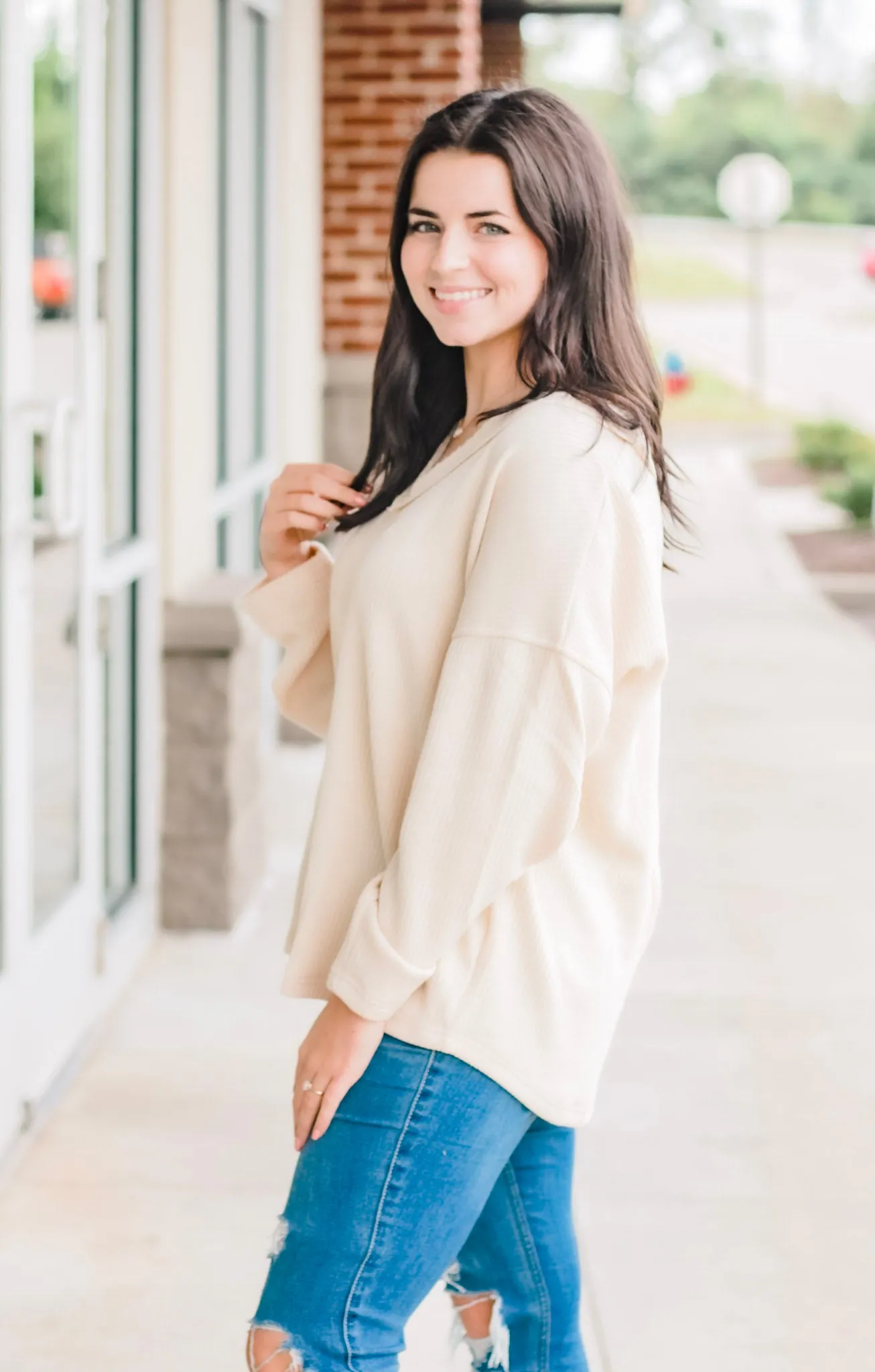 Finding Fall Ribbed V Neck Knit Top in Cream