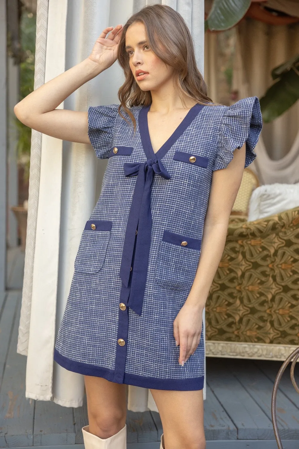 Flutter Sleeve Tweed Bow Dress