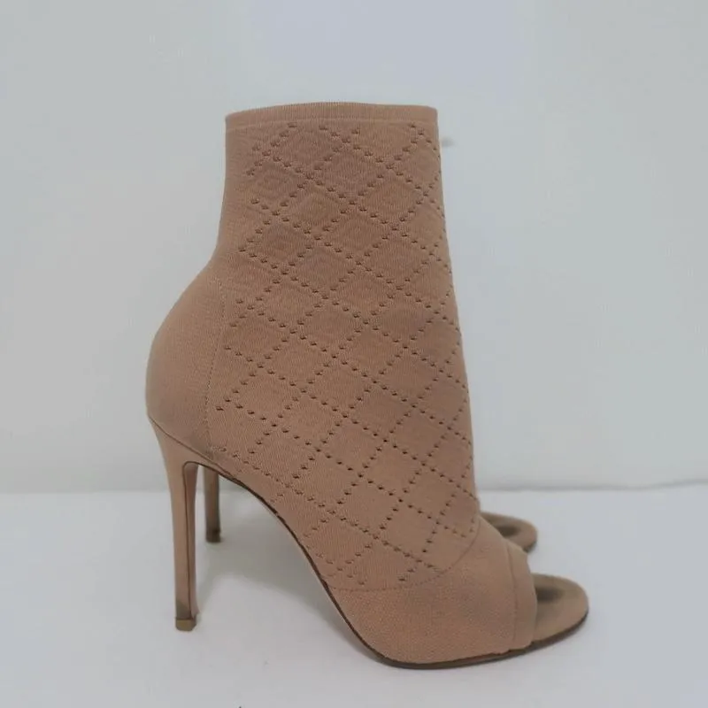 Gianvito Rossi Stretch Knit Booties Beige Size 38 Open Toe High Heel Ankle Boots