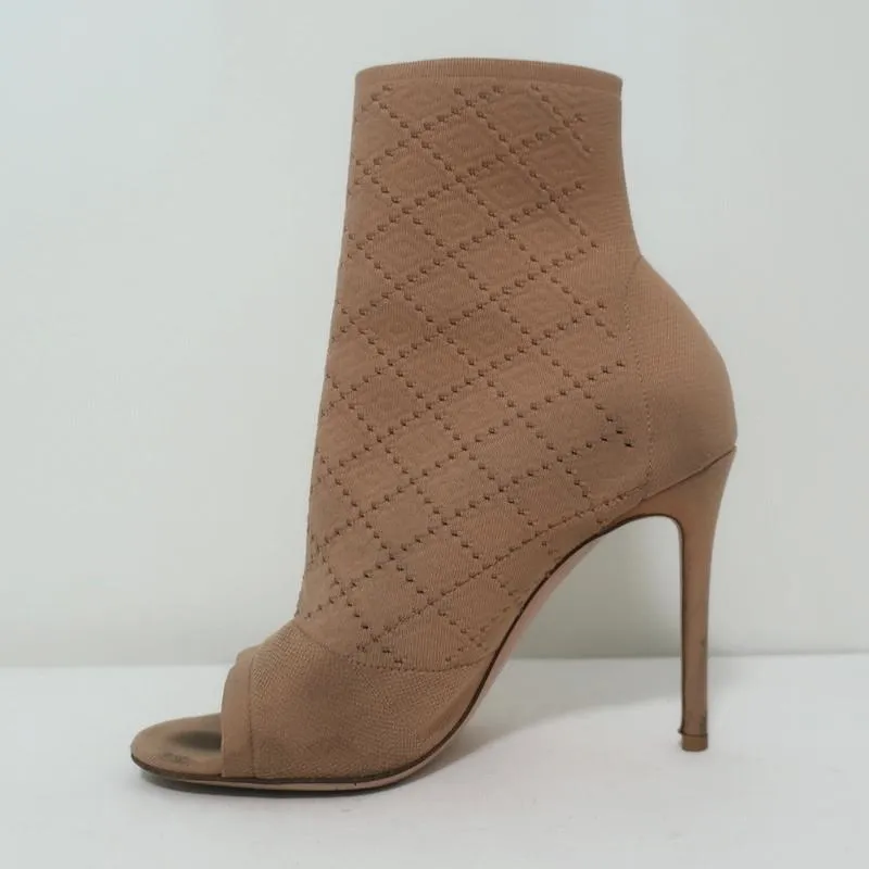 Gianvito Rossi Stretch Knit Booties Beige Size 38 Open Toe High Heel Ankle Boots