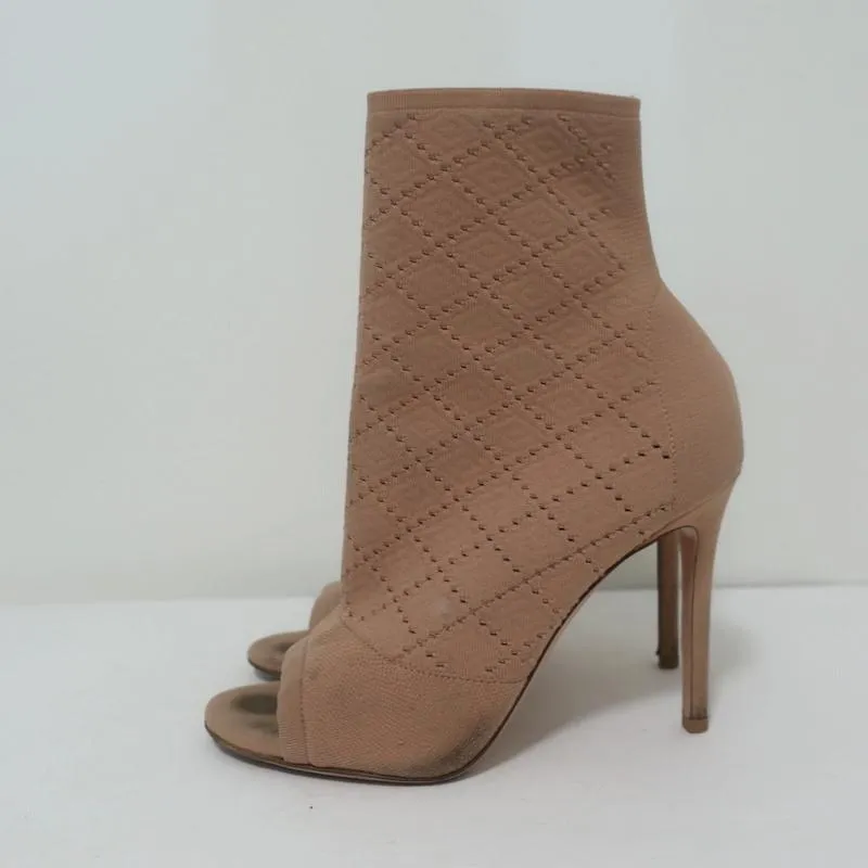 Gianvito Rossi Stretch Knit Booties Beige Size 38 Open Toe High Heel Ankle Boots