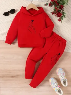 Girl's Finger Snapping Heart Cozy Red Sweat Suit