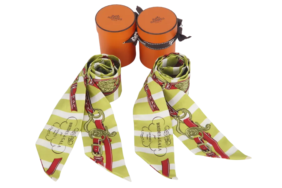 HERMES BRIDES DE GALA BAYADERE LIGHT GREEN SILK TWILLY 1 PAIR WITH BOX