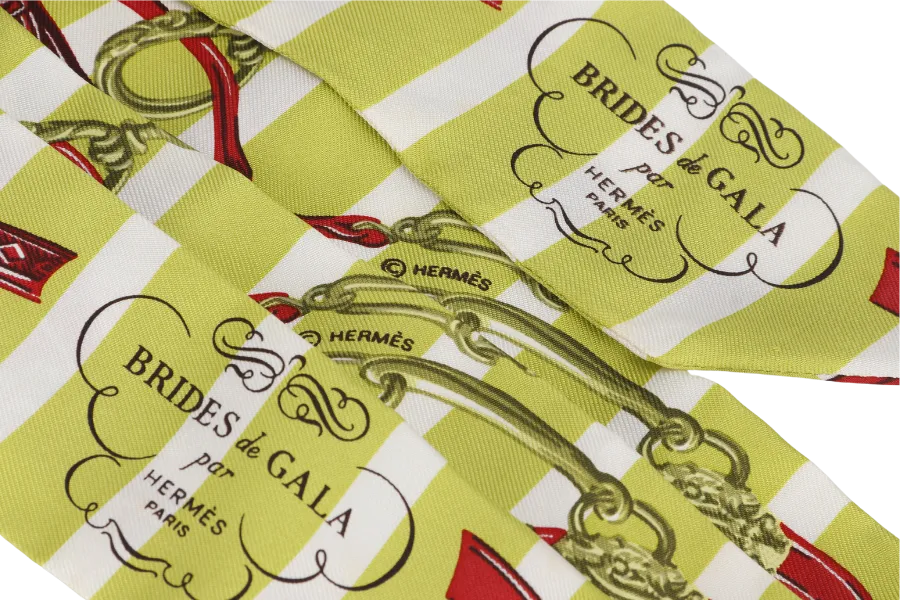 HERMES BRIDES DE GALA BAYADERE LIGHT GREEN SILK TWILLY 1 PAIR WITH BOX