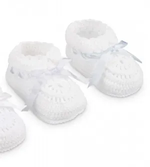 Jefferies Socks White Crochet Blue Satin Ribbon Baby Booties Boys Girls Shoes Size 0 Newborn