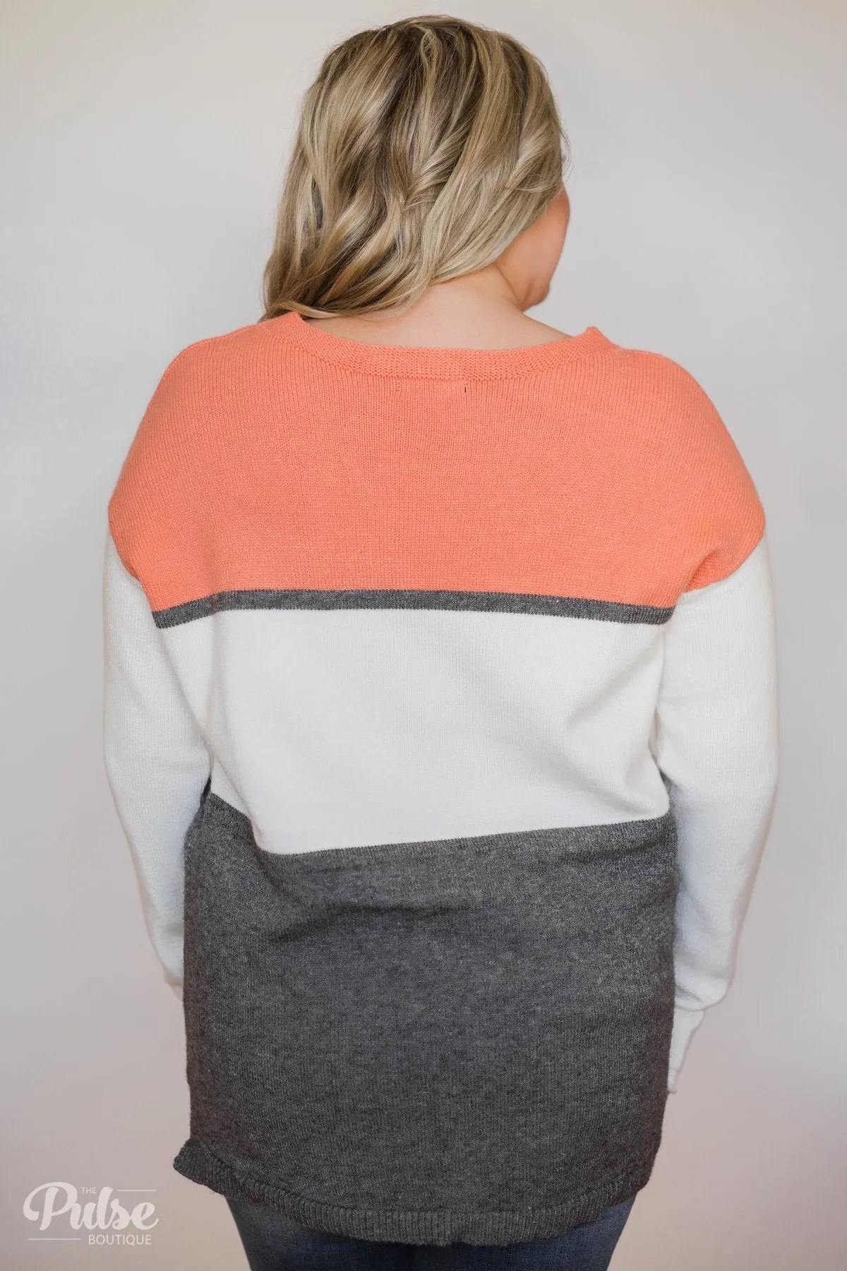 Keeping It Cozy Color Block Sweater- Peach, Ivory, Charcoal
