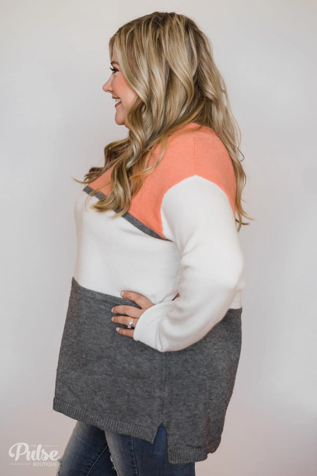 Keeping It Cozy Color Block Sweater- Peach, Ivory, Charcoal