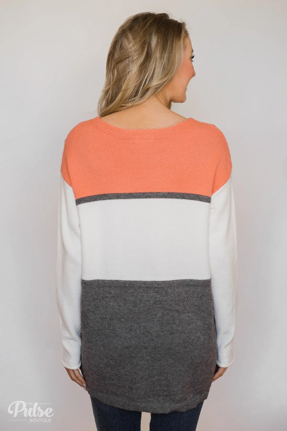 Keeping It Cozy Color Block Sweater- Peach, Ivory, Charcoal