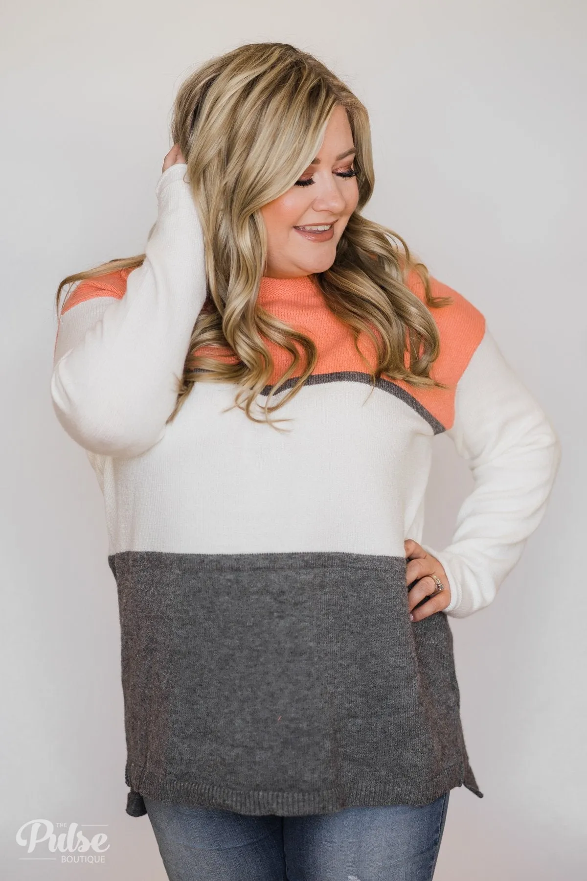 Keeping It Cozy Color Block Sweater- Peach, Ivory, Charcoal
