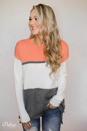 Keeping It Cozy Color Block Sweater- Peach, Ivory, Charcoal