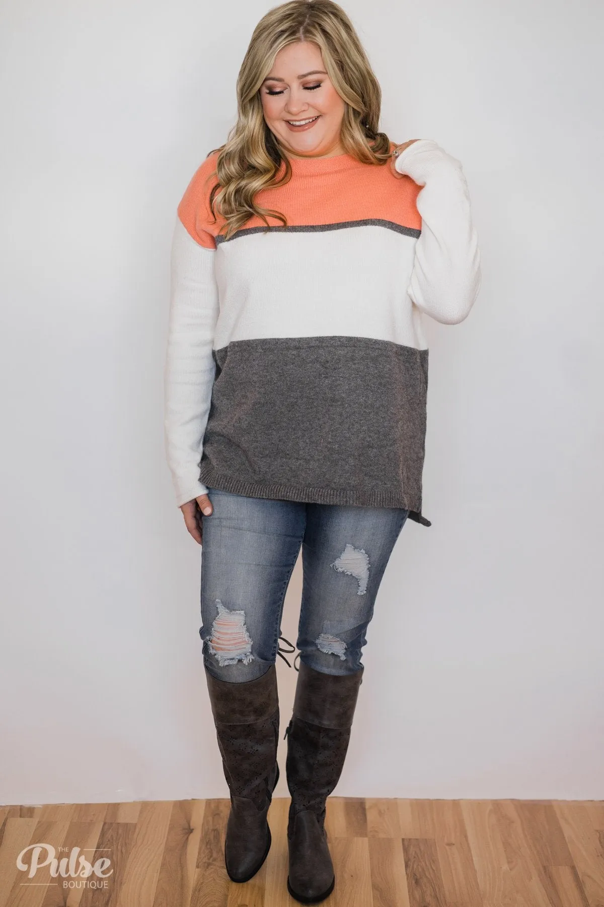 Keeping It Cozy Color Block Sweater- Peach, Ivory, Charcoal