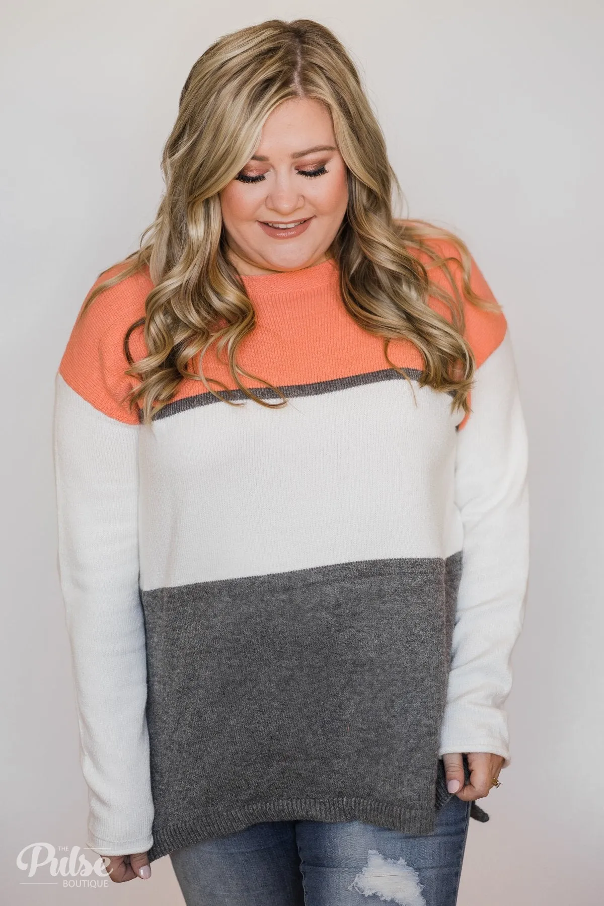 Keeping It Cozy Color Block Sweater- Peach, Ivory, Charcoal