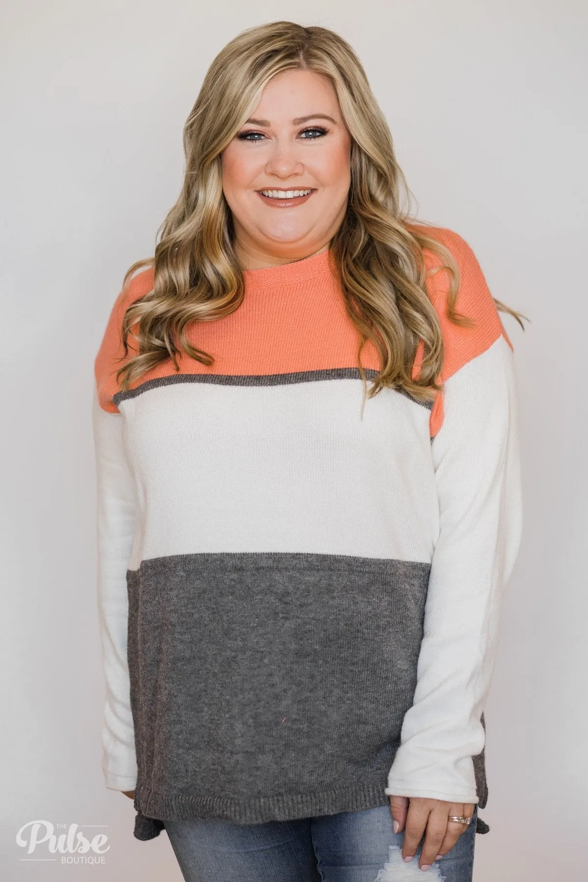 Keeping It Cozy Color Block Sweater- Peach, Ivory, Charcoal