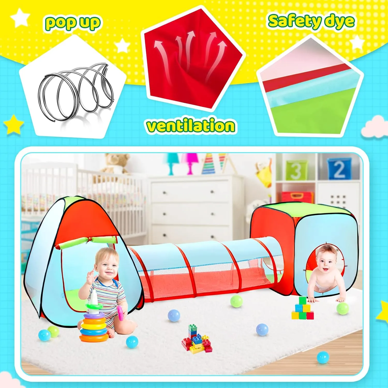 Kids 3 Part Play Tent with Ball Pit | Play Tunnel & Teepee Tent |  Pop Up Playhouse | Den