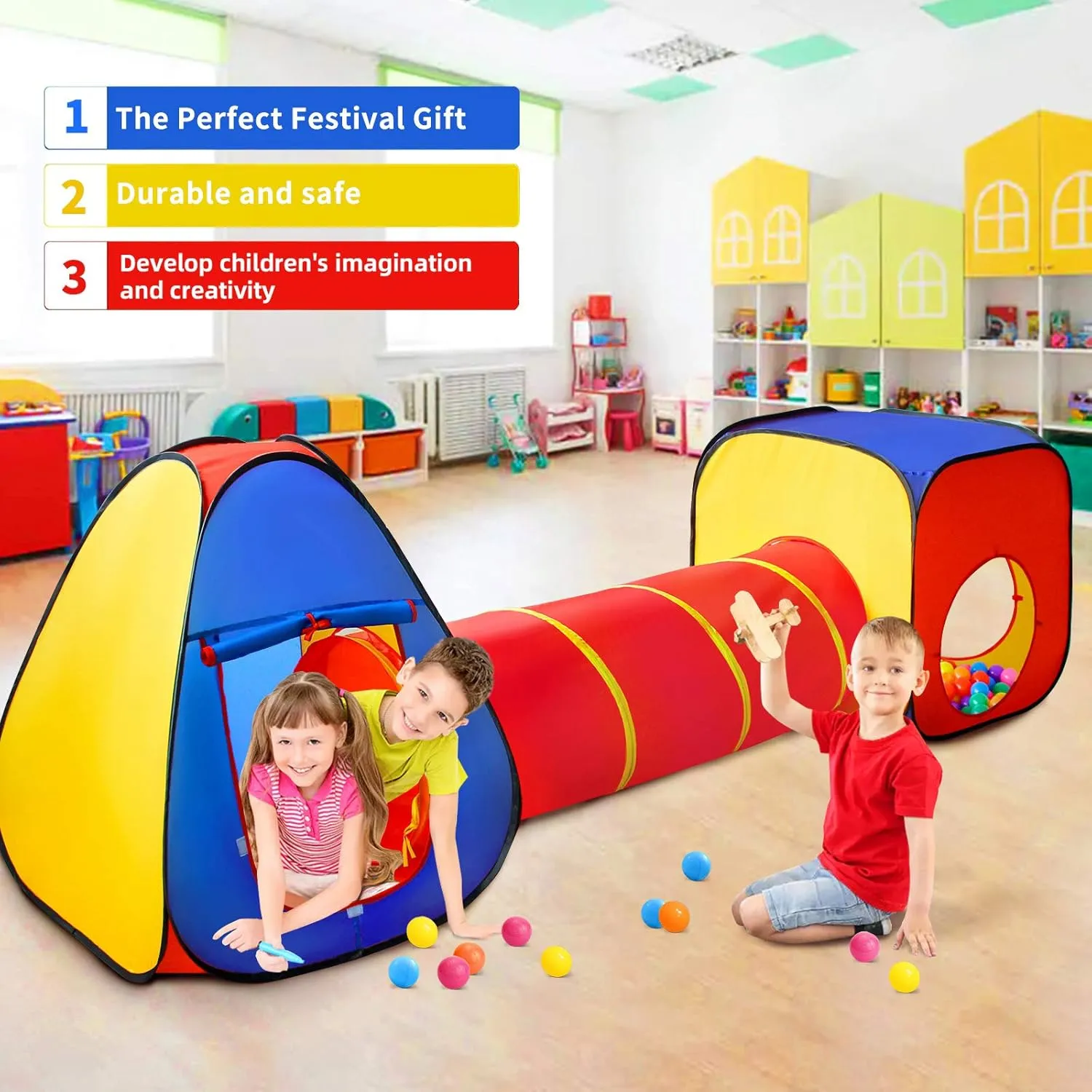 Kids 3 Part Play Tent with Ball Pit | Play Tunnel & Teepee Tent |  Pop Up Playhouse | Den