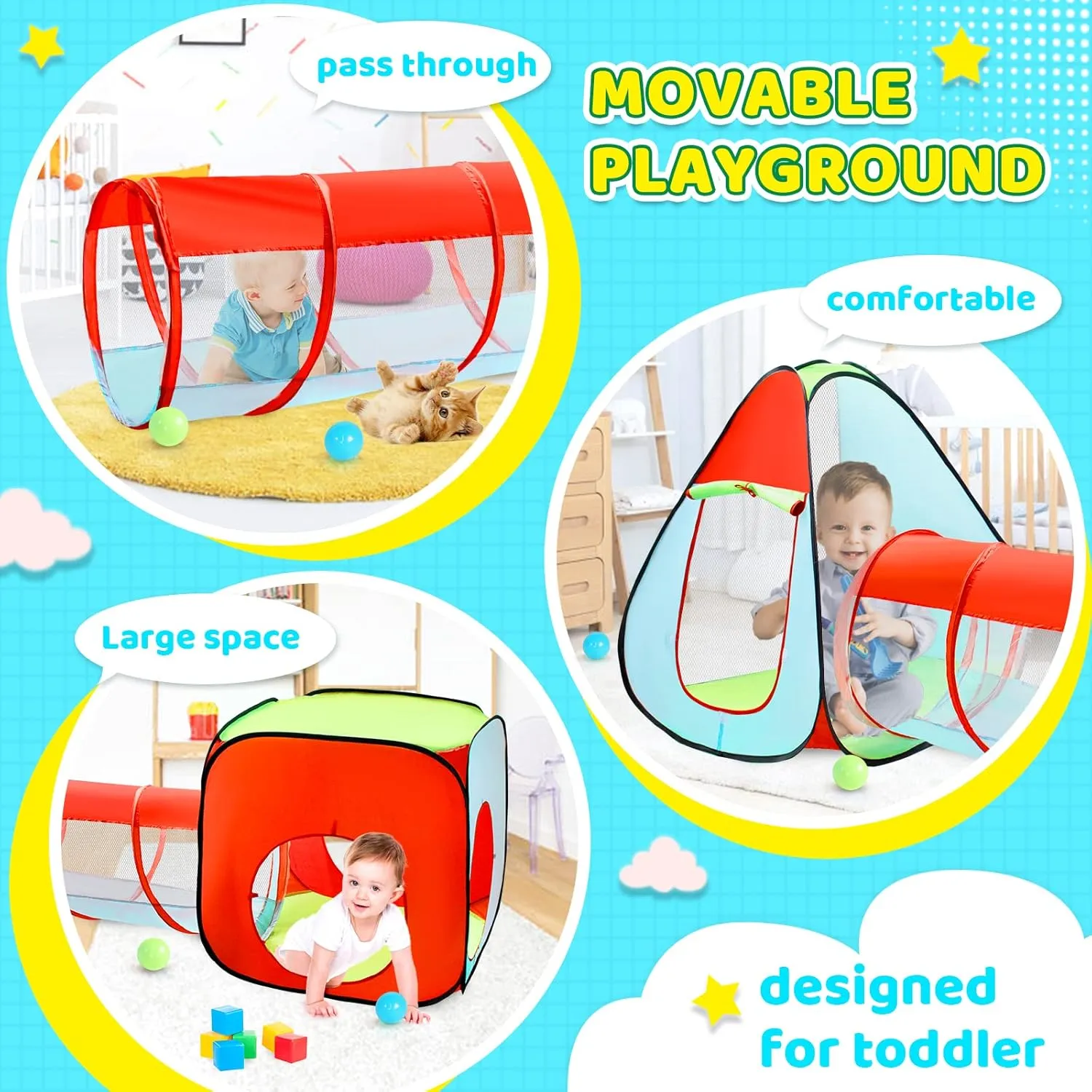 Kids 3 Part Play Tent with Ball Pit | Play Tunnel & Teepee Tent |  Pop Up Playhouse | Den