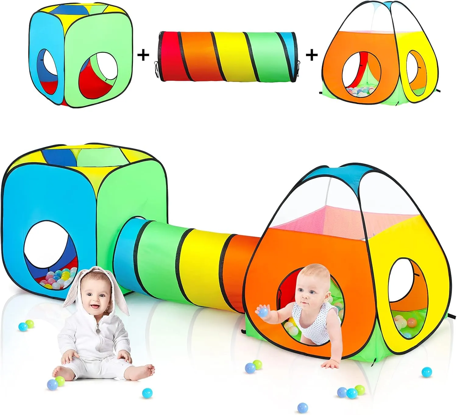 Kids 3 Part Play Tent with Ball Pit | Play Tunnel & Teepee Tent |  Pop Up Playhouse | Den