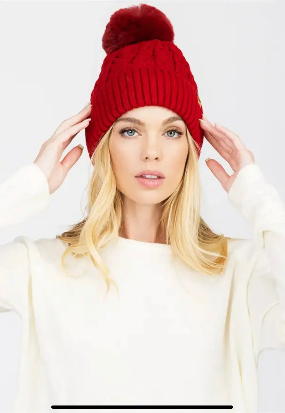Knitted Fleece Lined Pom Pom Beanies