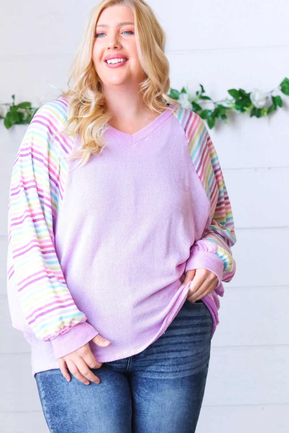 Lavender Two Tone Multi Color Stripe Raglan Top