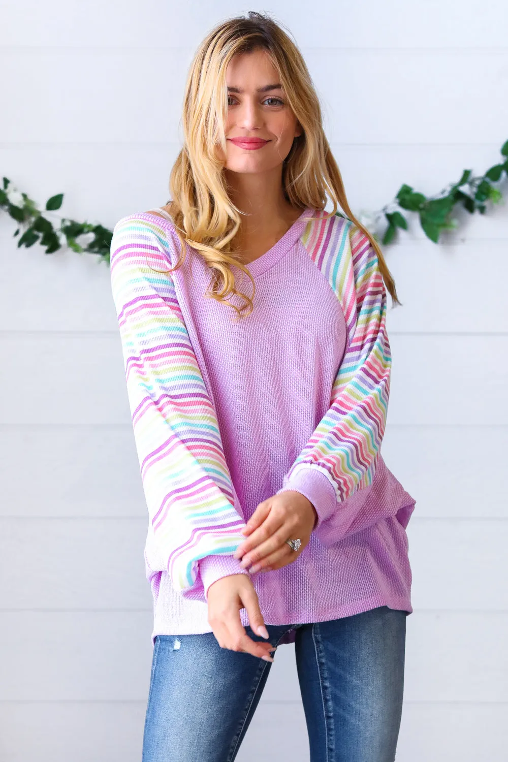 Lavender Two Tone Multi Color Stripe Raglan Top