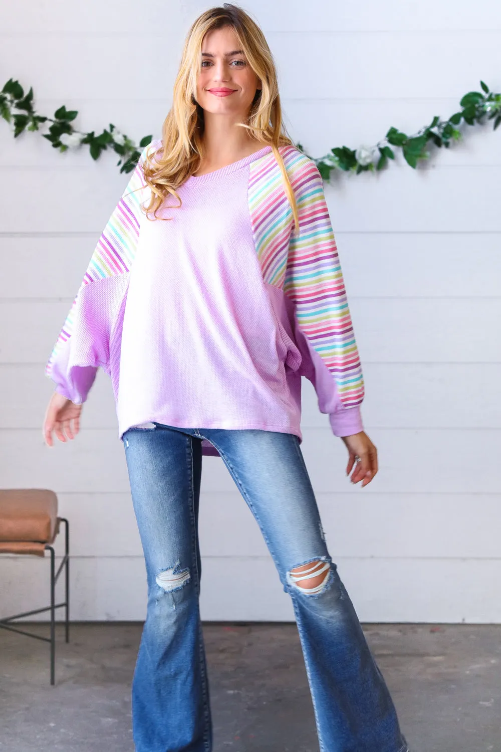 Lavender Two Tone Multi Color Stripe Raglan Top