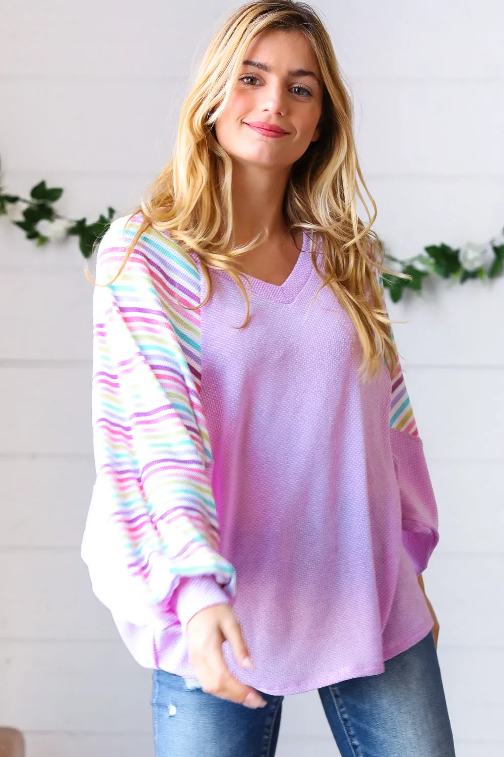 Lavender Two Tone Multi Color Stripe Raglan Top