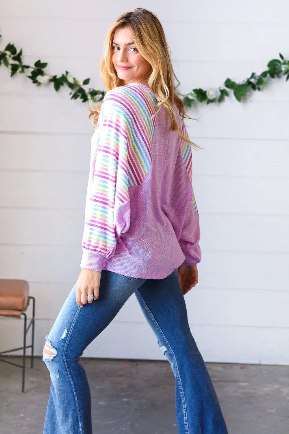 Lavender Two Tone Multi Color Stripe Raglan Top