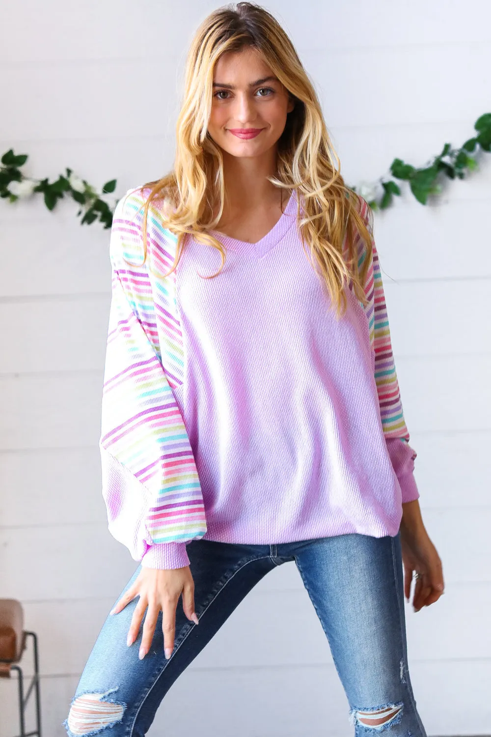 Lavender Two Tone Multi Color Stripe Raglan Top