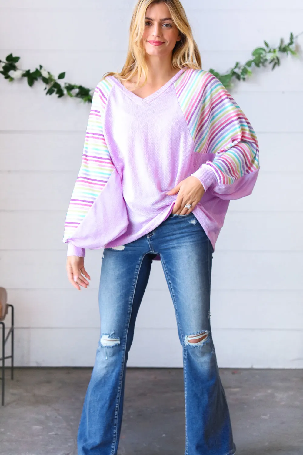 Lavender Two Tone Multi Color Stripe Raglan Top