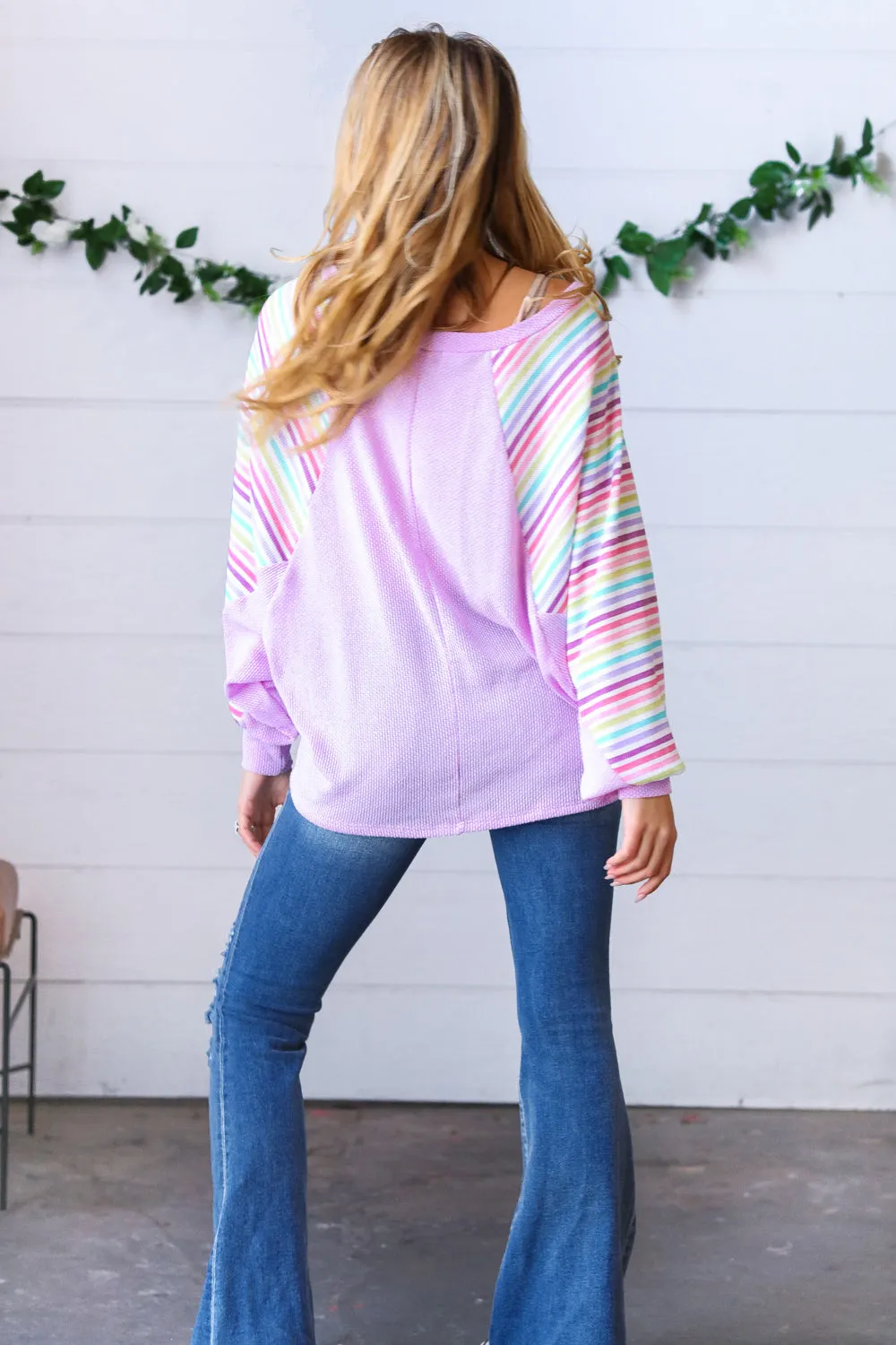 Lavender Two Tone Multi Color Stripe Raglan Top