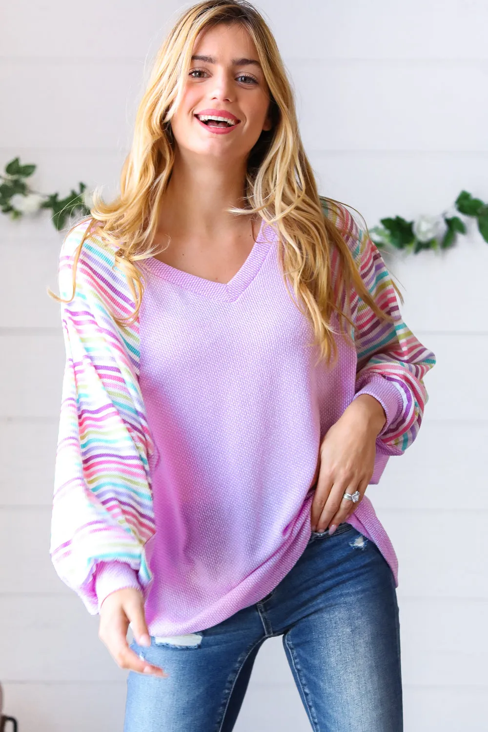 Lavender Two Tone Multi Color Stripe Raglan Top