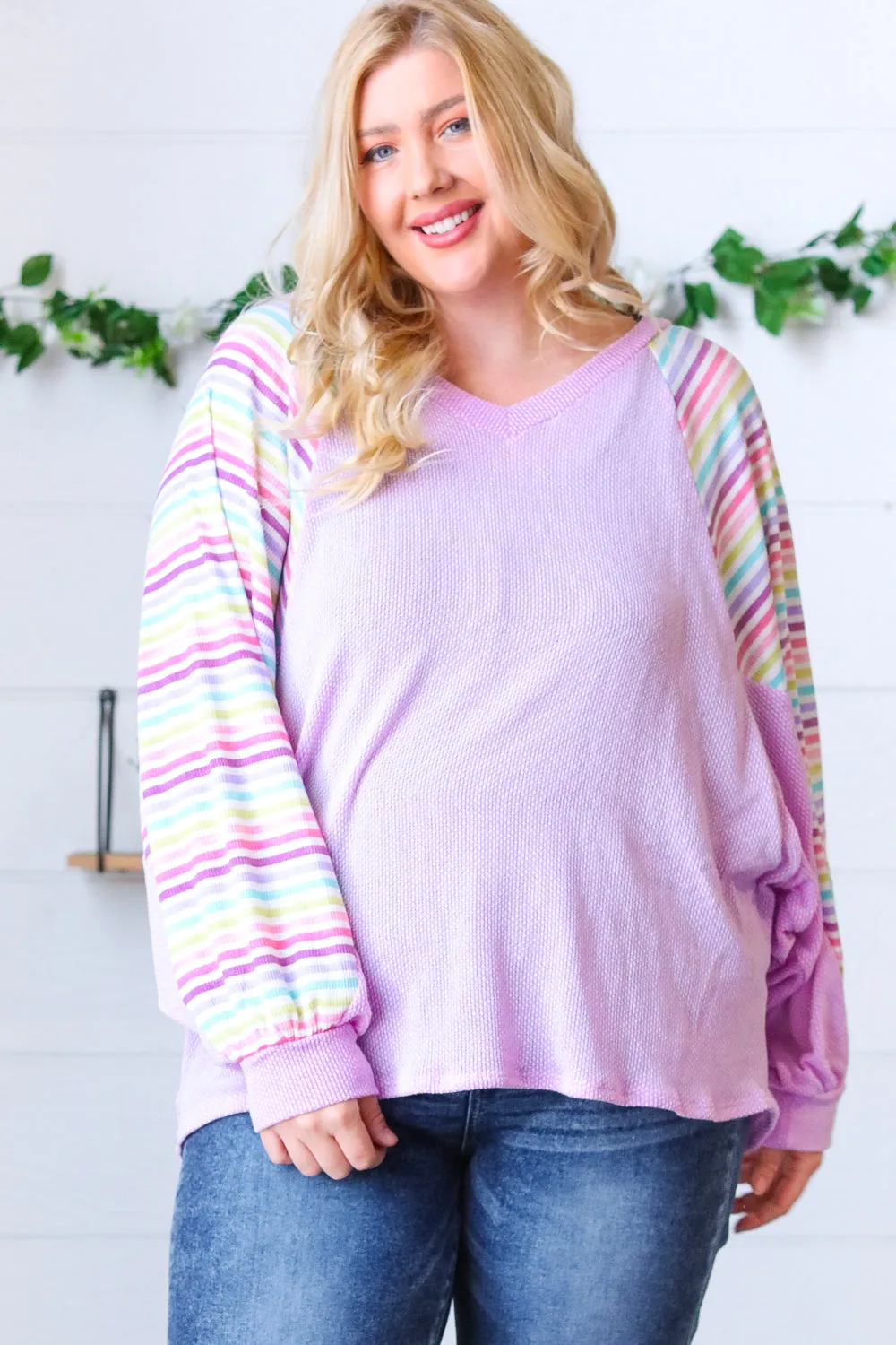 Lavender Two Tone Multi Color Stripe Raglan Top