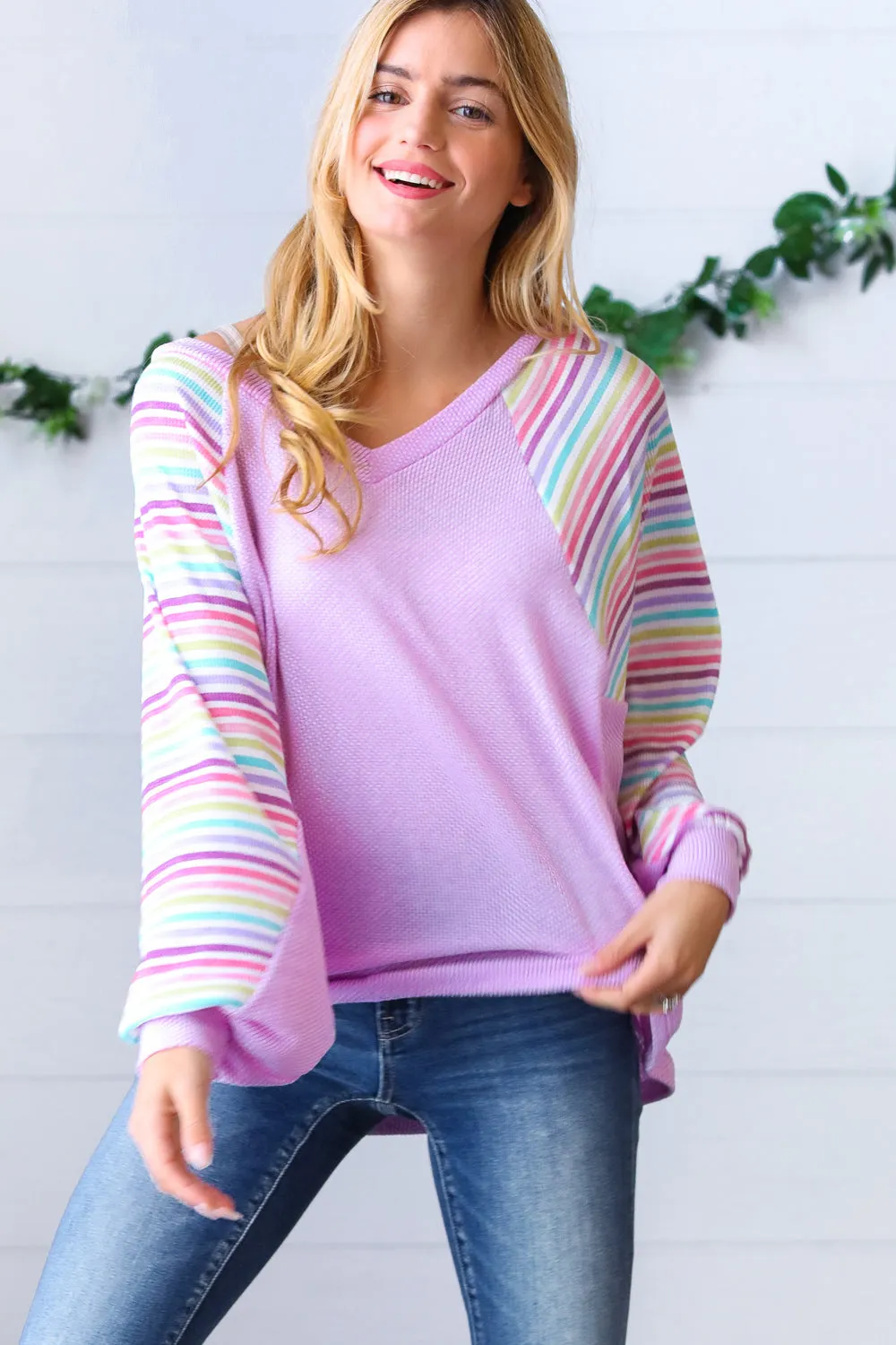 Lavender Two Tone Multi Color Stripe Raglan Top