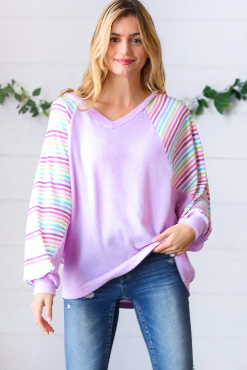 Lavender Two Tone Multi Color Stripe Raglan Top