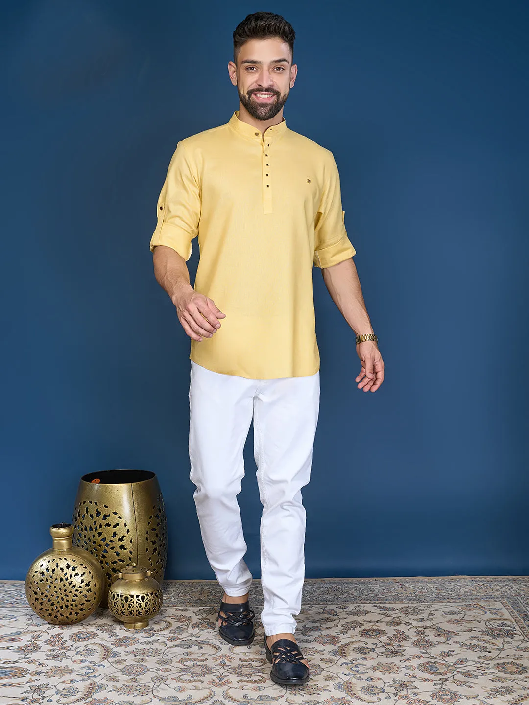 Light Yellow Casual Short Kurta In Silk