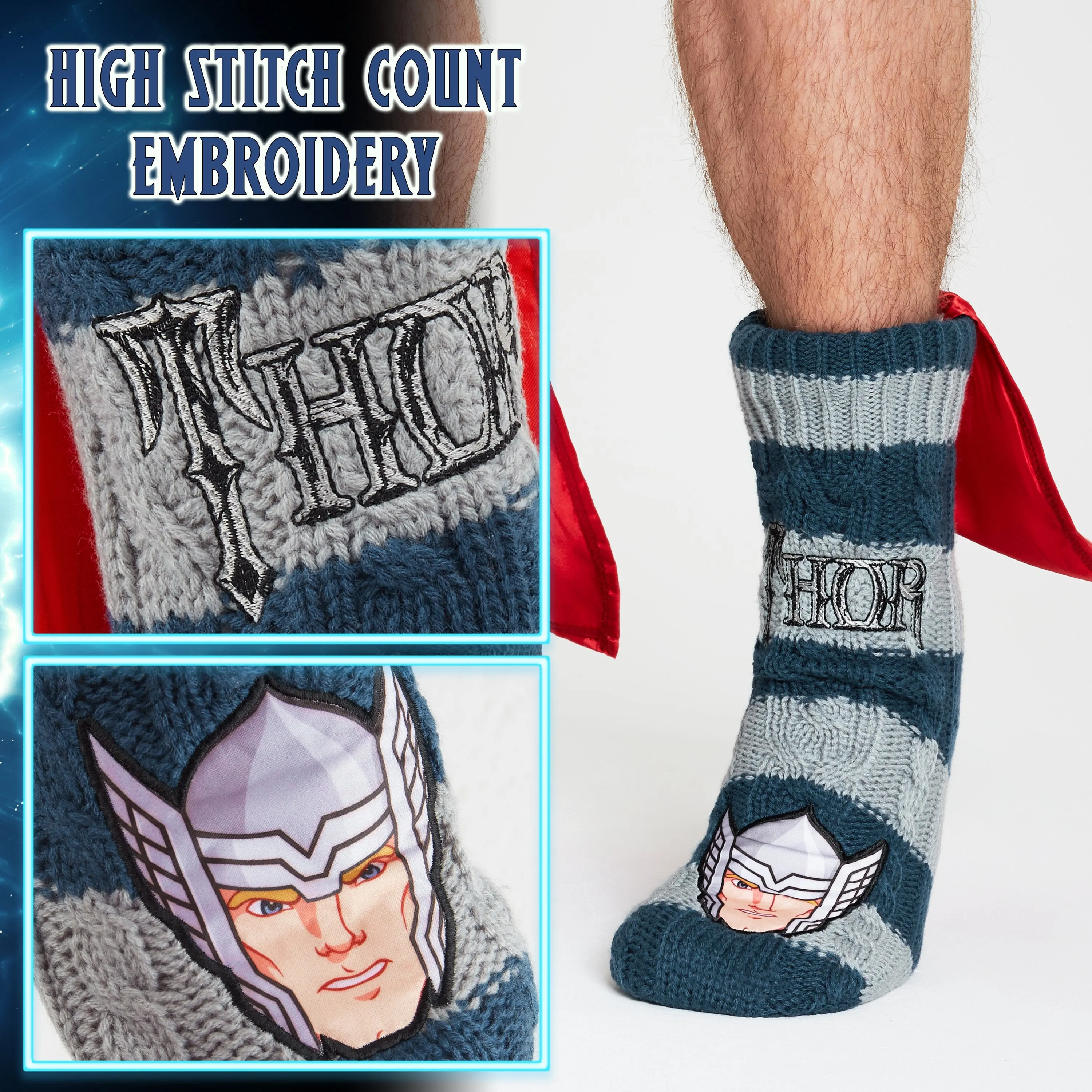 Marvel Fluffy Socks, Mens Slipper Socks, Thor Warm Knitted Socks With Cape