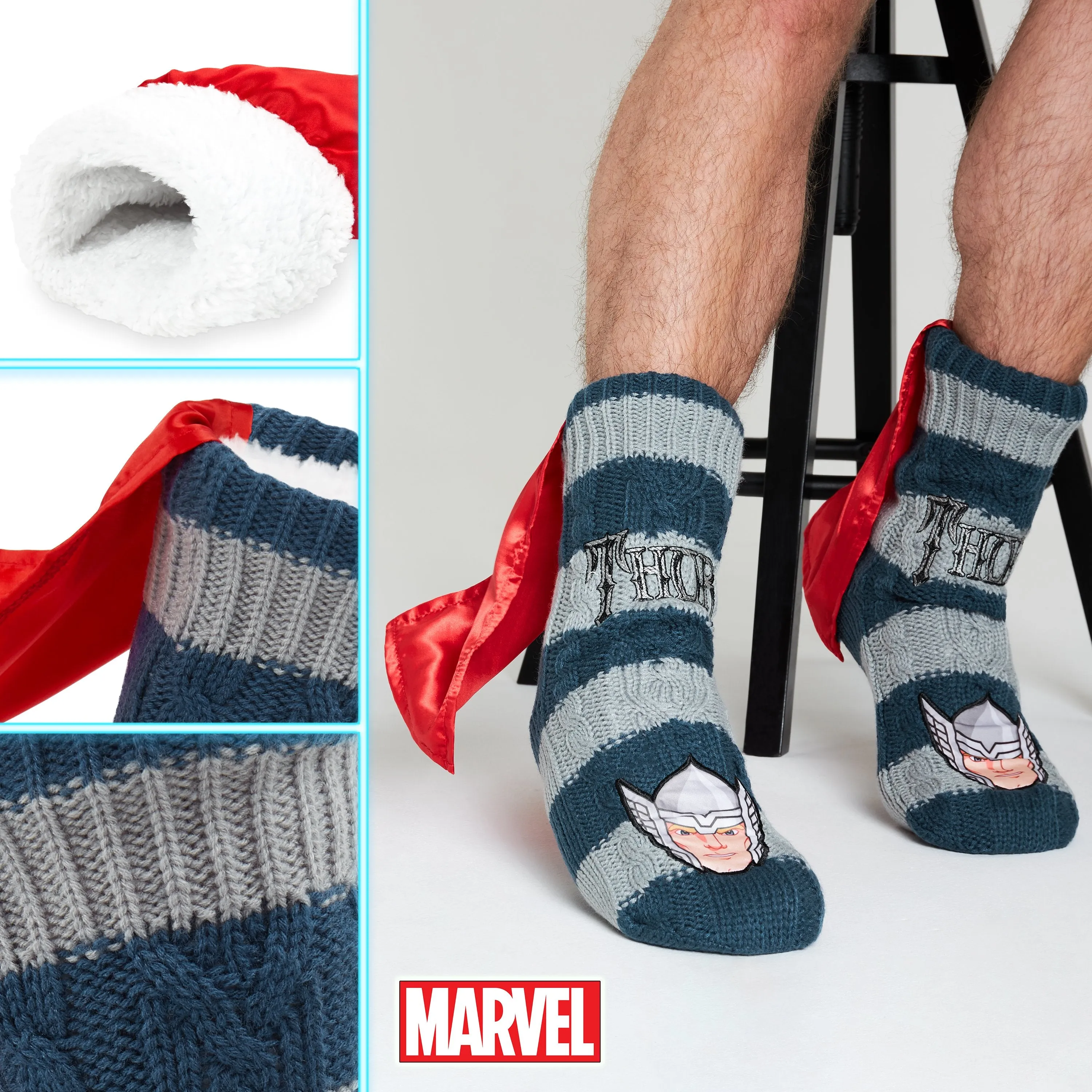 Marvel Fluffy Socks, Mens Slipper Socks, Thor Warm Knitted Socks With Cape