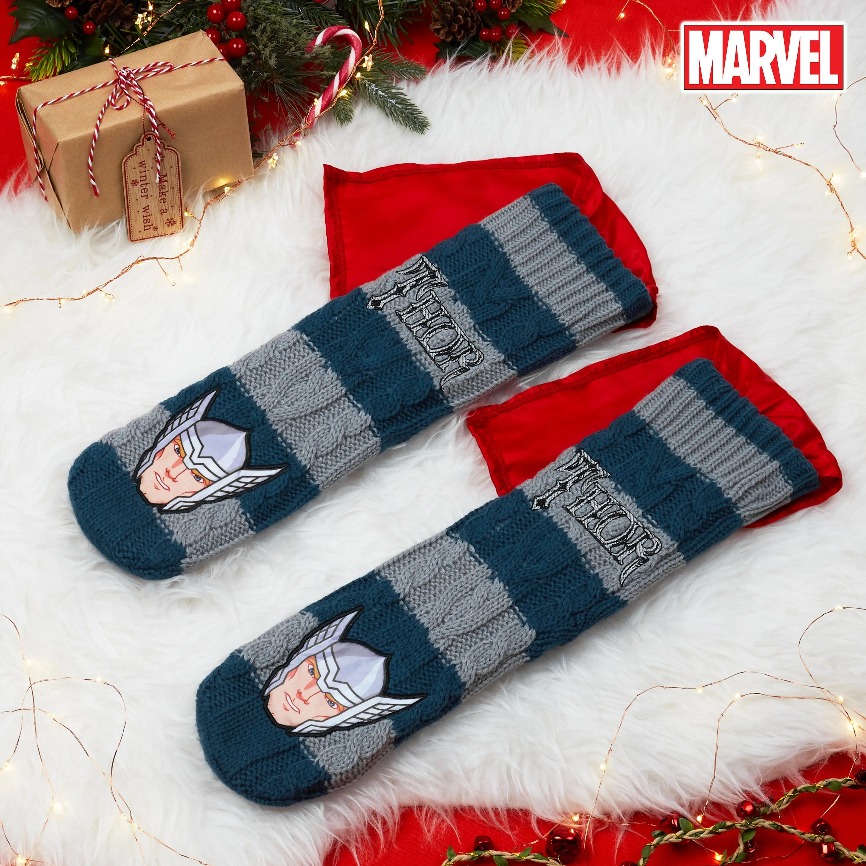 Marvel Fluffy Socks, Mens Slipper Socks, Thor Warm Knitted Socks With Cape