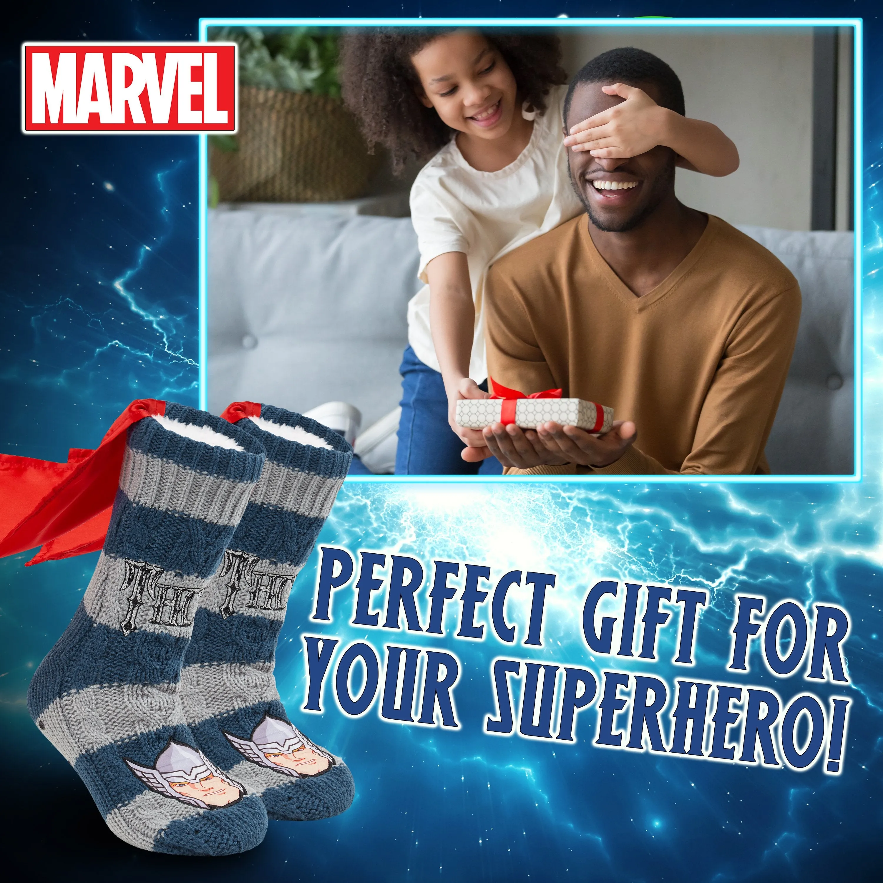 Marvel Fluffy Socks, Mens Slipper Socks, Thor Warm Knitted Socks With Cape