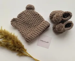 Merino Wool Bear Ears Hand-Crocheted Baby beanie and booties set