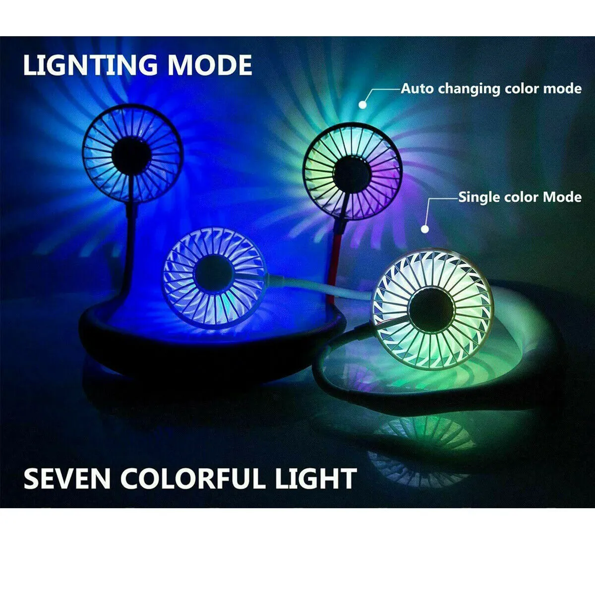 Mini Portable Neckband Neck Hanging Cooling Fan LED lights Rechargeable Battery