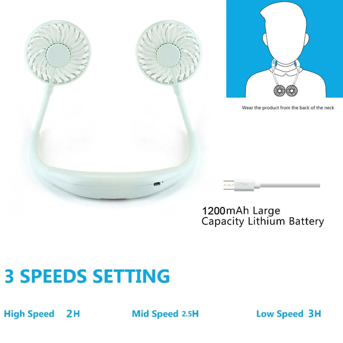 Mini Portable Neckband Neck Hanging Cooling Fan LED lights Rechargeable Battery