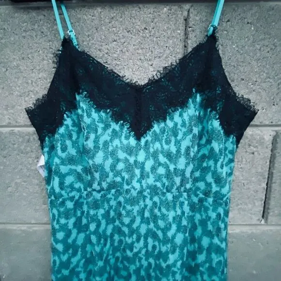 NWT New Foxiedox Anthropologie Dress Teal Blue Black Lace Women’s M Rockabilly