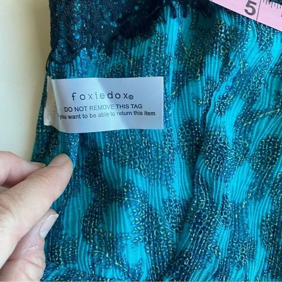 NWT New Foxiedox Anthropologie Dress Teal Blue Black Lace Women’s M Rockabilly